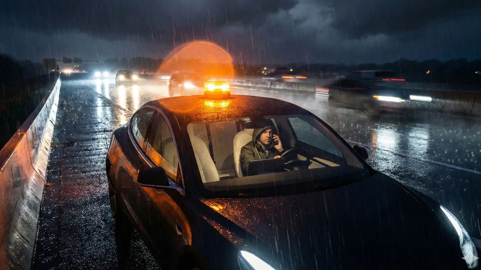 Awaria samochodu na drodze, pada deszcz, jest ciemno, lampa Osram V16 jest na dachu samochodu, kierowca dzwoni na pomoc drogową