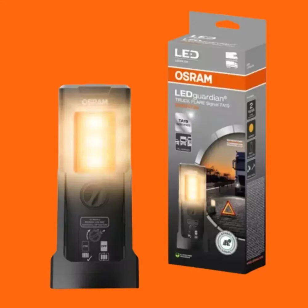 Lampa Osram LEDguardian-Truck Flare - widok lampy z przodu, w czasie pracy, czyli włączone pomarańczowe/bursztynowe światło, wraz z pudełkiem, na opakowaniu widać certyfikaty, szczególnie ważny certfikat na niemieckie drogi