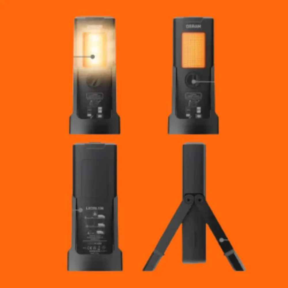 Lampa Osram LEDguardian-Truck Flare - widok lampy z przodu, włączona lampa i wyłączona lampa, oraz lampa rozstawiona, a także widok lampy z tyłu