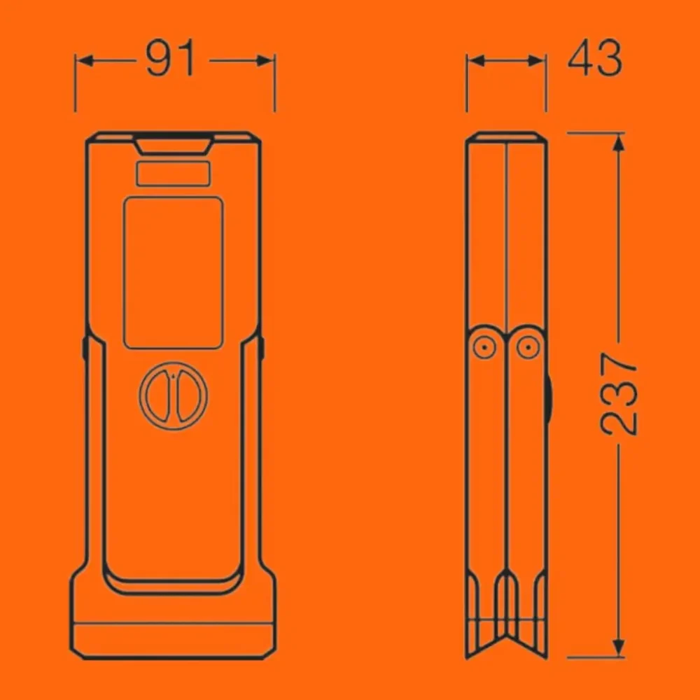 Lampa Osram LEDguardian-Truck Flare - rysunek z wymiarami lampy po złożeniu, pokazuje jak kompaktowa jest lampa, zmieści się w każdym schowku samochodu