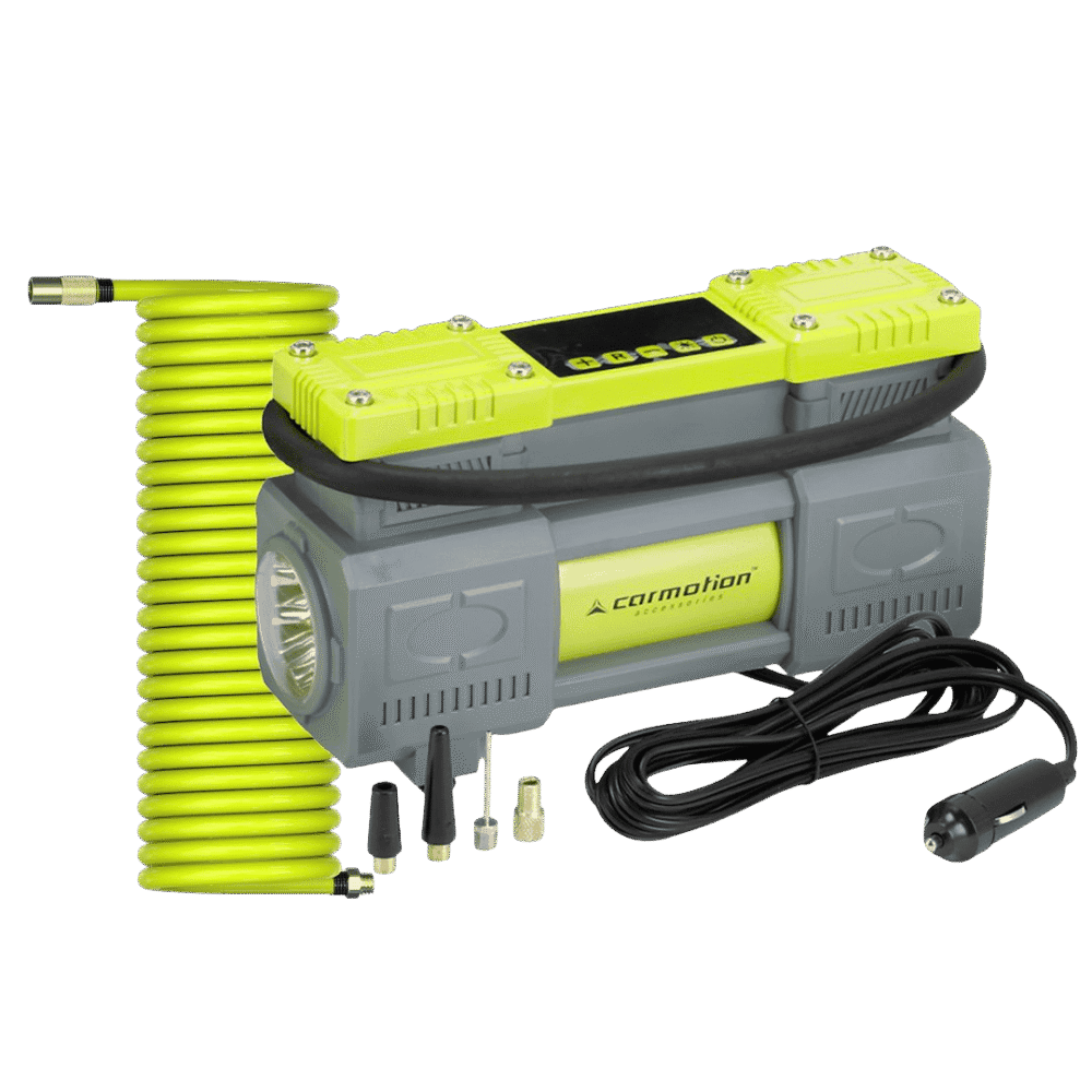 Kompresor powietrza dwutłokowy 12V, 10 BAR, automatyczny, 4 adaptery - CARMOTION