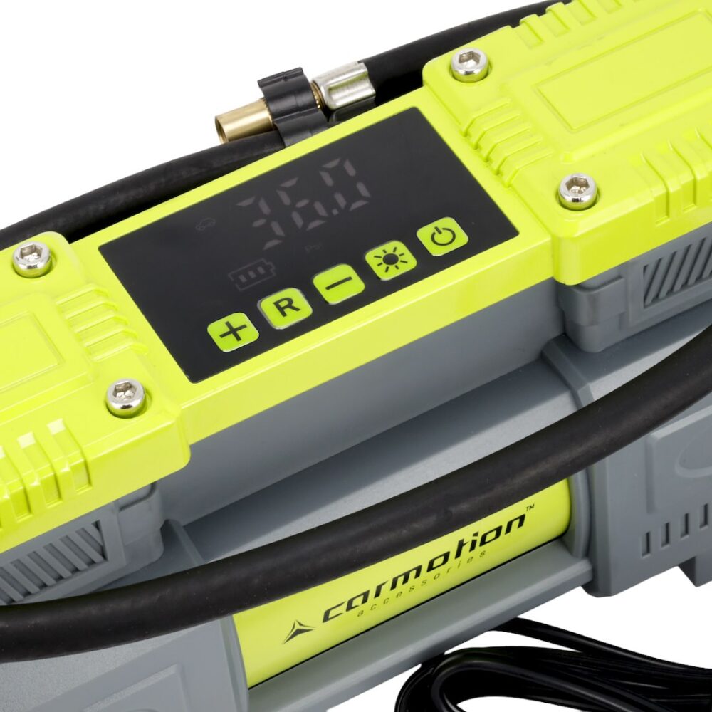 Kompresor powietrza dwutłokowy 12V, 10 BAR, automatyczny, 4 adaptery - CARMOTION