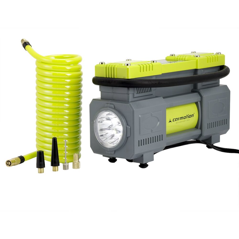 Kompresor powietrza dwutłokowy 12V, 10 BAR, automatyczny, 4 adaptery - CARMOTION