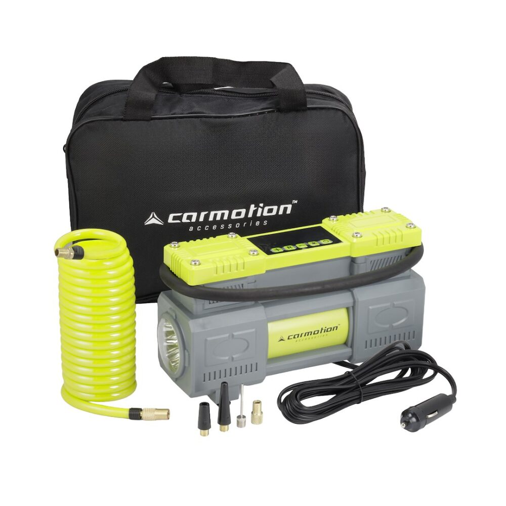 Kompresor powietrza dwutłokowy 12V, 10 BAR, automatyczny, 4 adaptery - CARMOTION