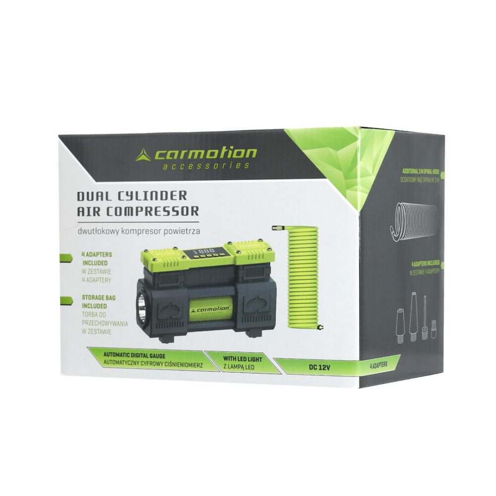 Kompresor powietrza dwutłokowy 12V, 10 BAR, automatyczny, 4 adaptery - CARMOTION