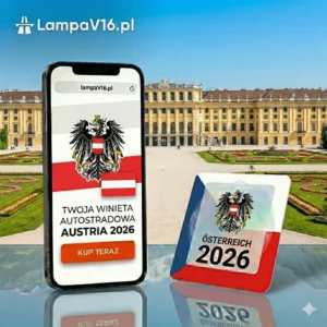 Winieta autostradowa Austria 2026 - Wersja cyfrowa i naklejka Telefon wyświetlający ofertę zakupu cyfrowej winiety autostradowej do Austrii na 2026 rok oraz fizyczna naklejka winiety na tle wiedeńskiego pałacu Schönbrunn.