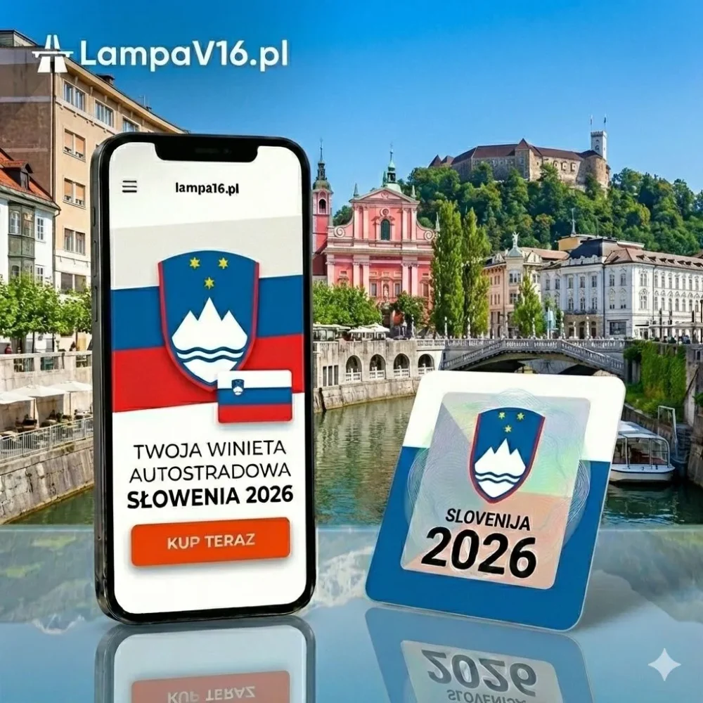 Smartfon z otwartą stroną zakupu słoweńskiej e-winiety (e-vinjeta) na 2026 rok oraz fizyczny wzór winiety na tle panoramy Lublany i rzeki Ljubljanicy.