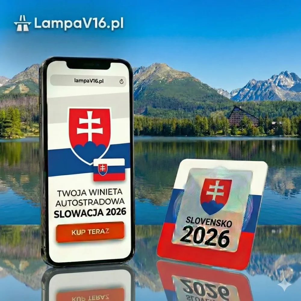 Telefon wyświetlający stronę do zakupu elektronicznej winiety na Słowację na 2026 rok oraz wzór winiety na tle jeziora w Tatrach Wysokich.