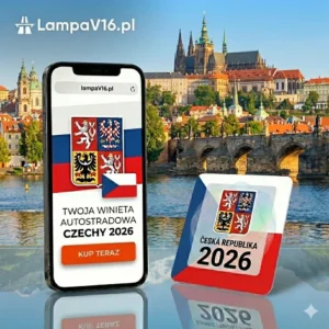 E-winieta Czechy 2026 - Szybki zakup online Telefon z otwartą stroną do zakupu elektronicznej winiety do Czech na 2026 rok i fizyczny wzór winiety na tle panoramy Pragi i Mostu Karola.