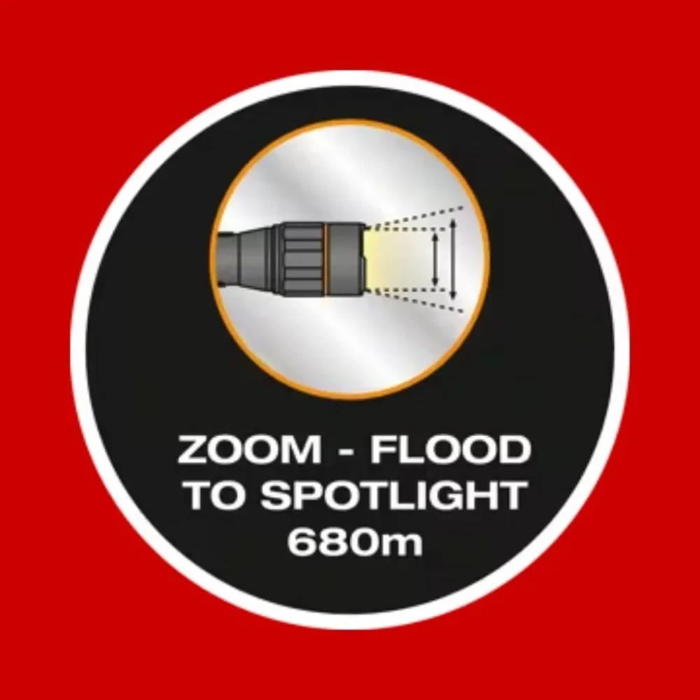Regulacja wiązki światła OSRAM LEDinspect PRO TORCH 1200 od flood do spotlight 680 m