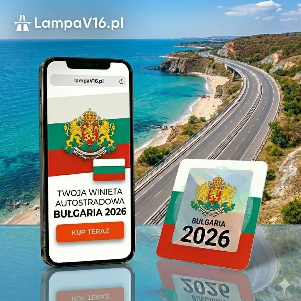 Smartfon wyświetlający stronę zakupu winiety autostradowej do Bułgarii na 2026 rok oraz fizyczna naklejka winiety na tle nadmorskiej drogi.