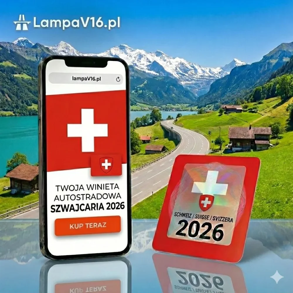Smartfon z otwartą stroną sklepu LampaV16.pl oferującą winietę do Szwajcarii na 2026 rok oraz fizyczna winieta w formie naklejki na tle szwajcarskich Alp.