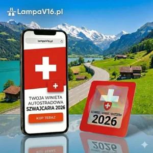 Roczna winieta Szwajcaria 2026 - Kup naklejkę online Smartfon z otwartą stroną sklepu LampaV16.pl oferującą winietę do Szwajcarii na 2026 rok oraz fizyczna winieta w formie naklejki na tle szwajcarskich Alp.